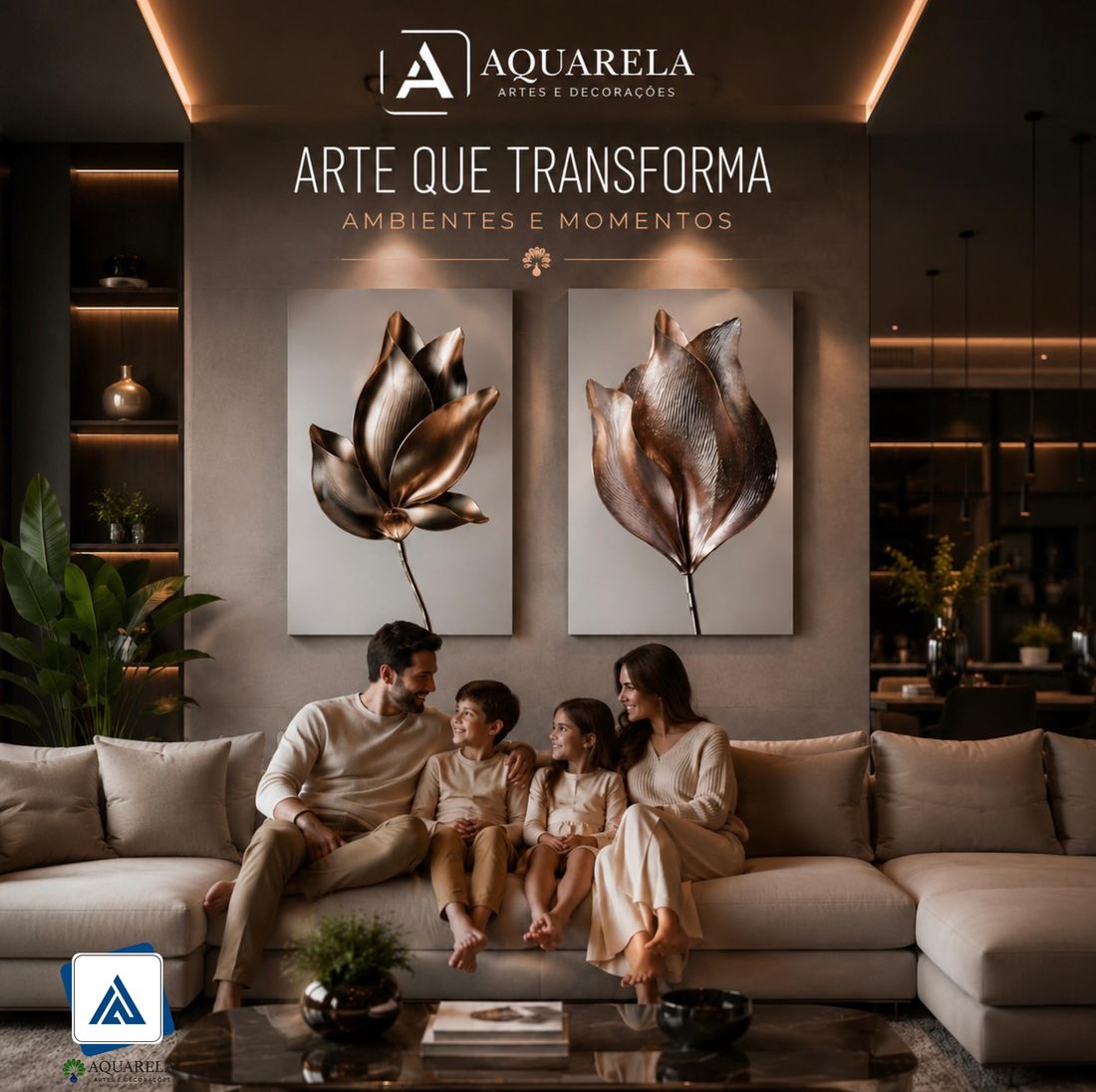 Família em sala decorada com telas Aquarela