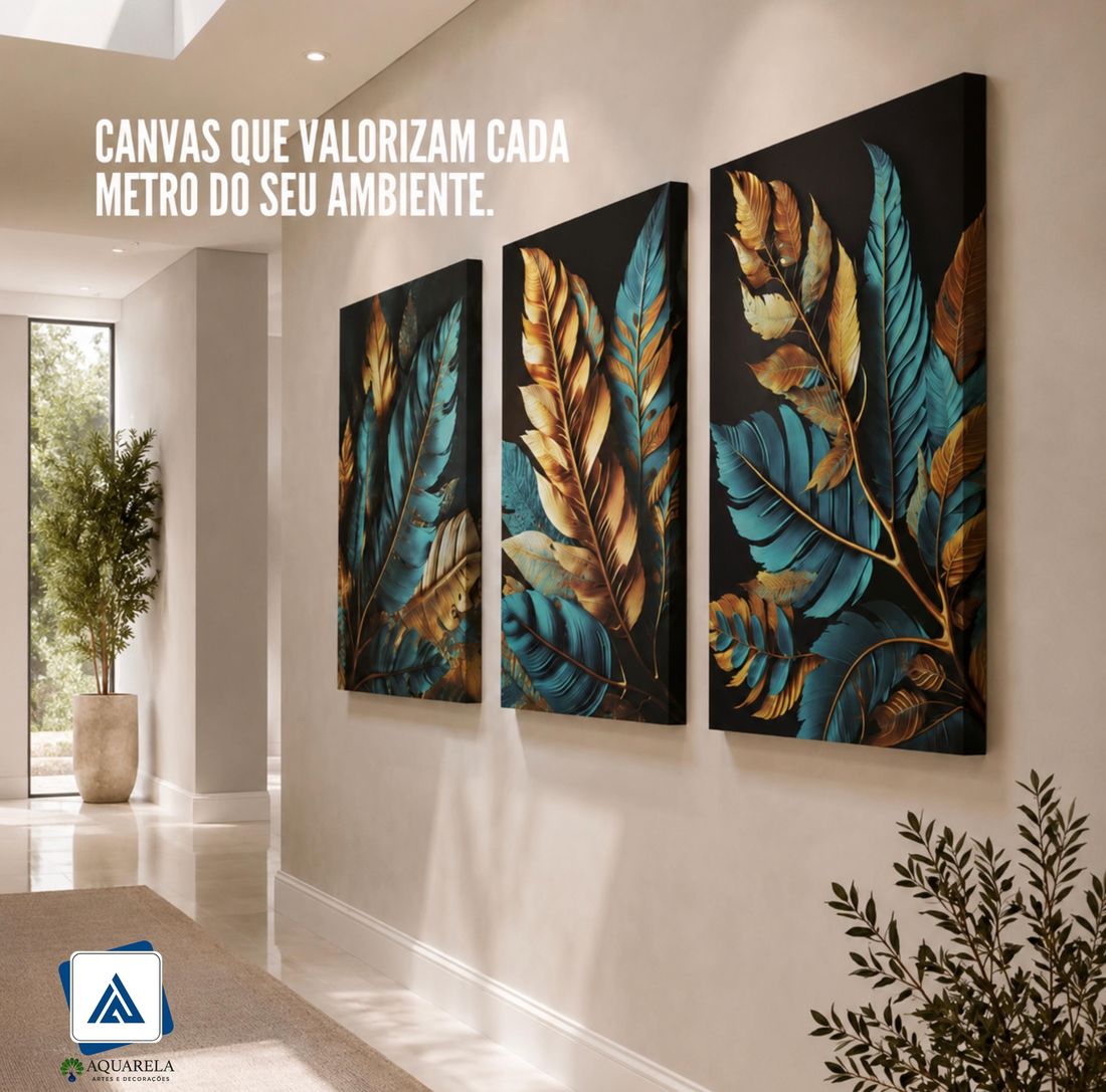 Trio de telas com folhas azuis e douradas