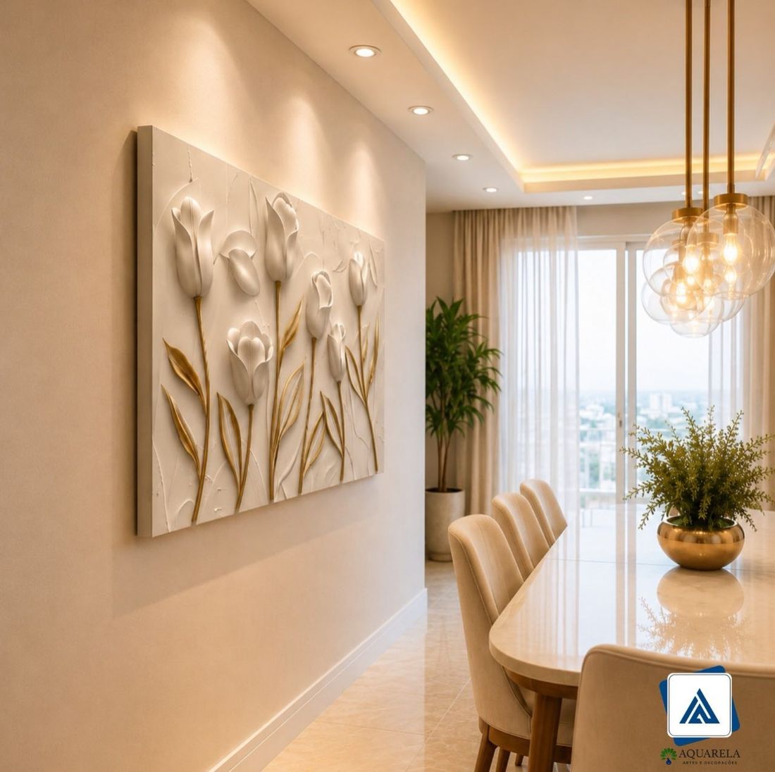 Tela canvas de tulipas em relevo decorando sala de jantar